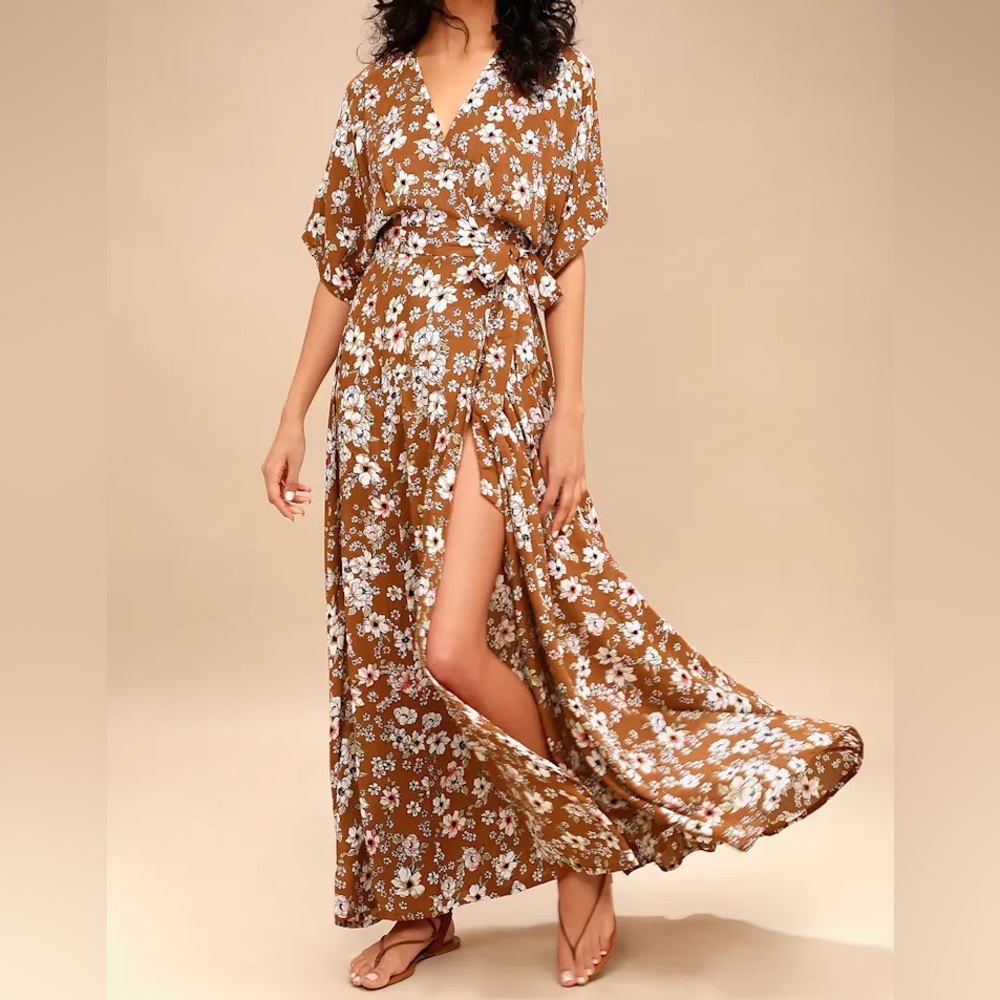 FAITHFULL THE BRAND Bergamo Brown Floral Print Wrap Maxi Dress Sz 10